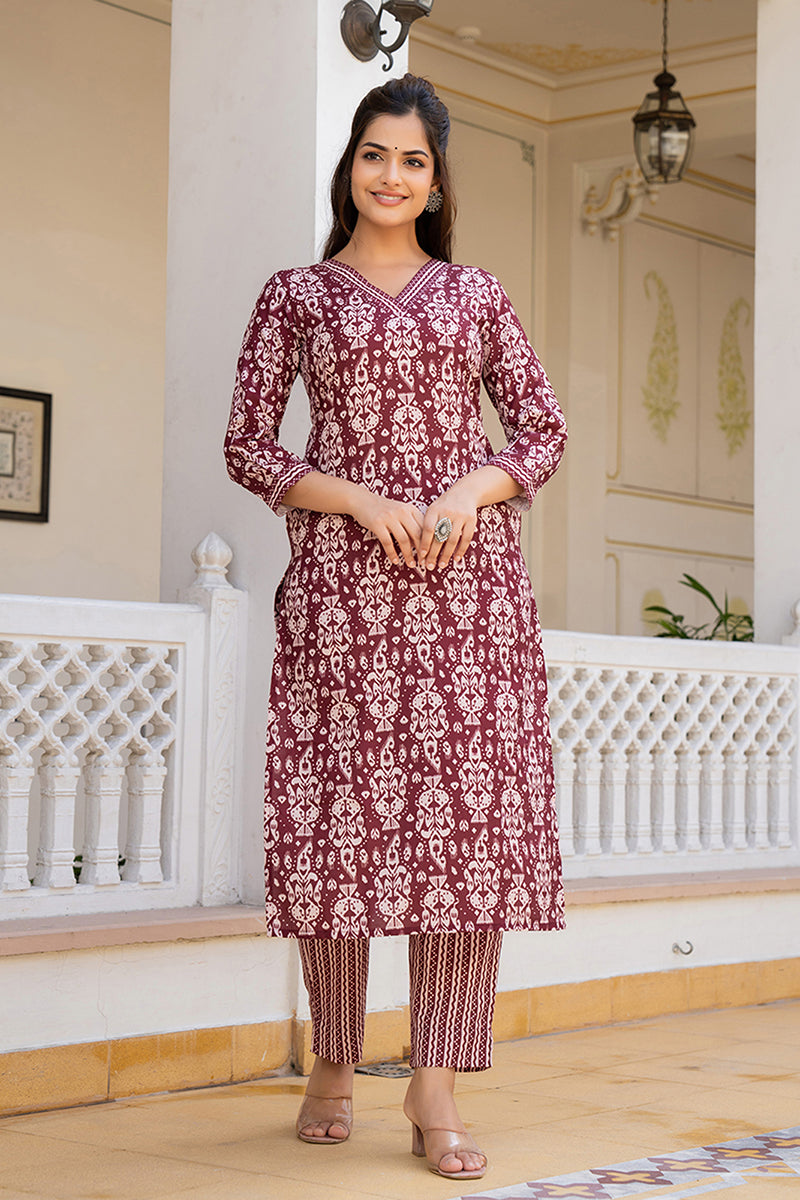 Maroon Rayon Blend Ethnic Motifs Printed Straight Trouser Bottom Suit Set VKSKD2241