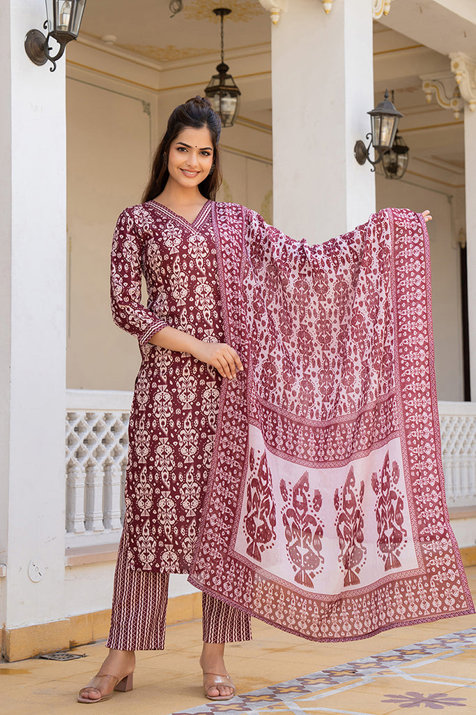 Maroon Rayon Blend Ethnic Motifs Printed Straight Trouser Bottom Suit Set VKSKD2241