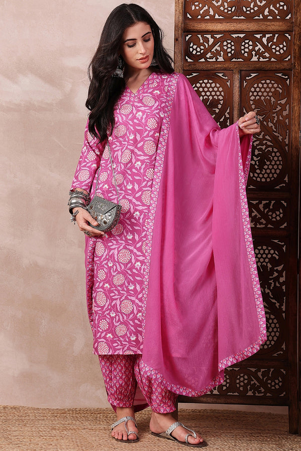 Pink Rayon Blend Floral Printed Straight Salwar Bottom Suit Set VKSKD2244