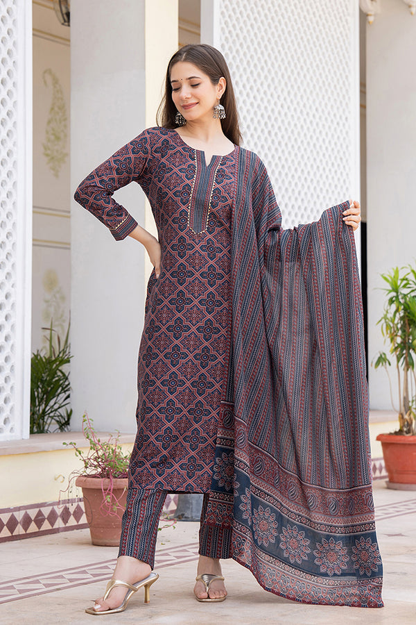 Blue Rayon Blend Ethnic Motifs Printed Straight Trouser Suit Set VKSKD2247