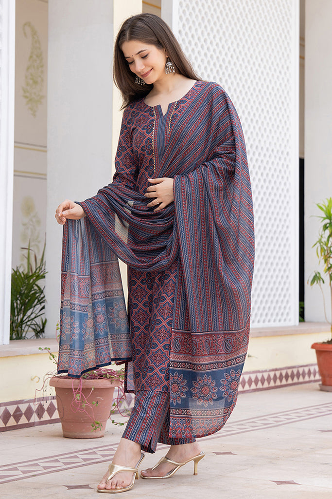 Blue Rayon Blend Ethnic Motifs Printed Straight Trouser Suit Set VKSKD2247