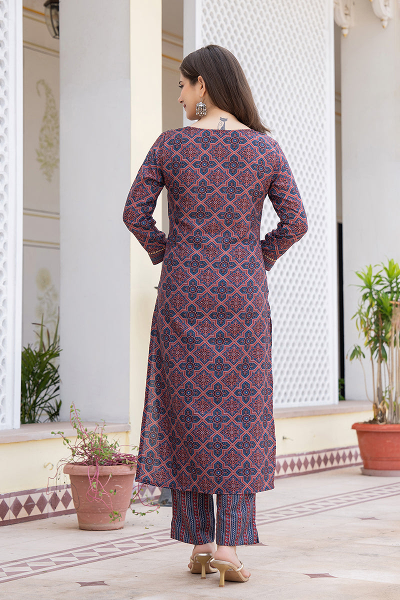 Blue Rayon Blend Ethnic Motifs Printed Straight Trouser Suit Set VKSKD2247