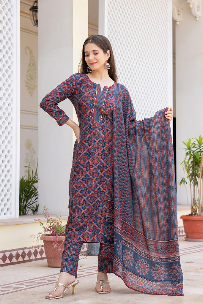 Blue Rayon Blend Ethnic Motifs Printed Straight Trouser Suit Set VKSKD2247