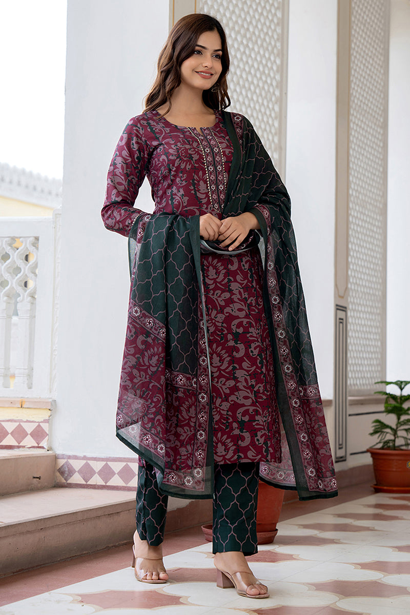 Magenta Rayon Blend Ethnic Motifs Printed Straight Trouser Bottom Suit Set VKSKD2248