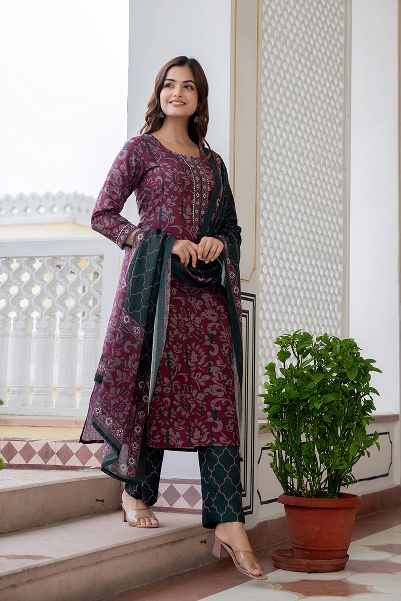 Magenta Rayon Blend Ethnic Motifs Printed Straight Trouser Bottom Suit Set VKSKD2248