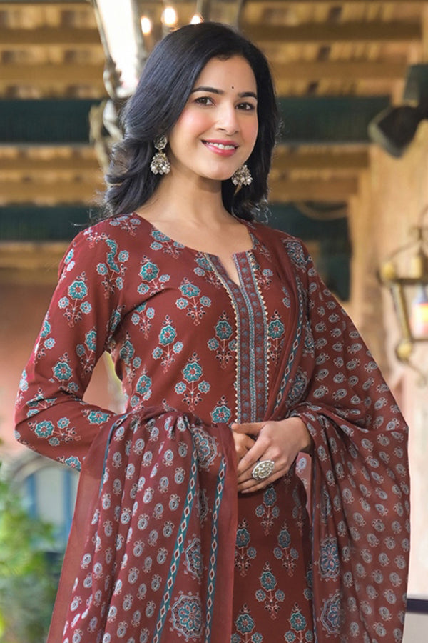 Brown Rayon Blend Floral Printed Straight Trouser Suit Set VKSKD2249