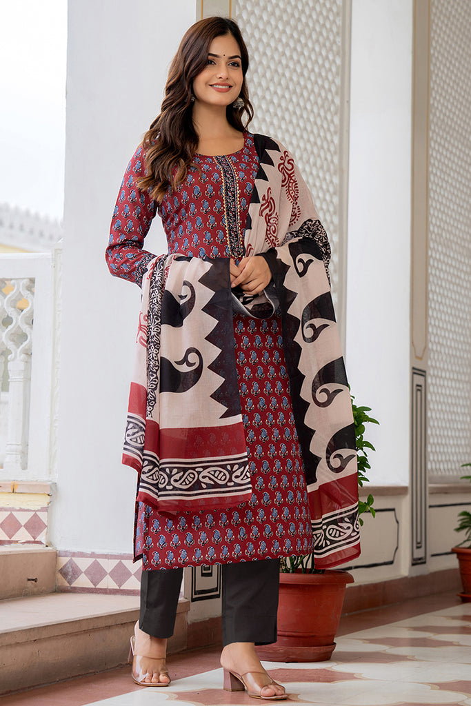 Maroon Rayon Blend Ethnic Motifs Printed Straight Trouser Suit Set VKSKD2253