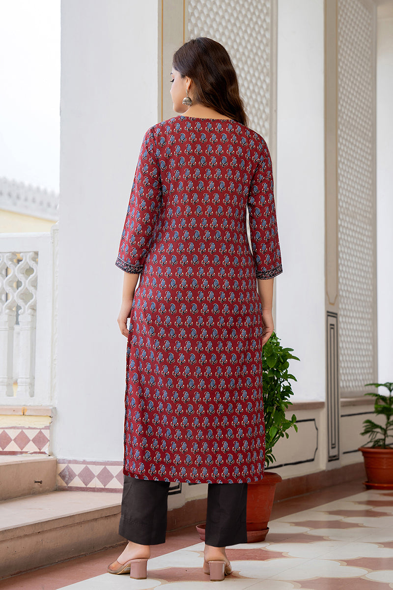 Maroon Rayon Blend Ethnic Motifs Printed Straight Trouser Suit Set VKSKD2253