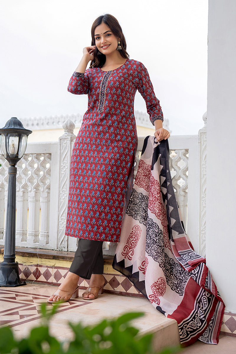 Maroon Rayon Blend Ethnic Motifs Printed Straight Trouser Suit Set VKSKD2253