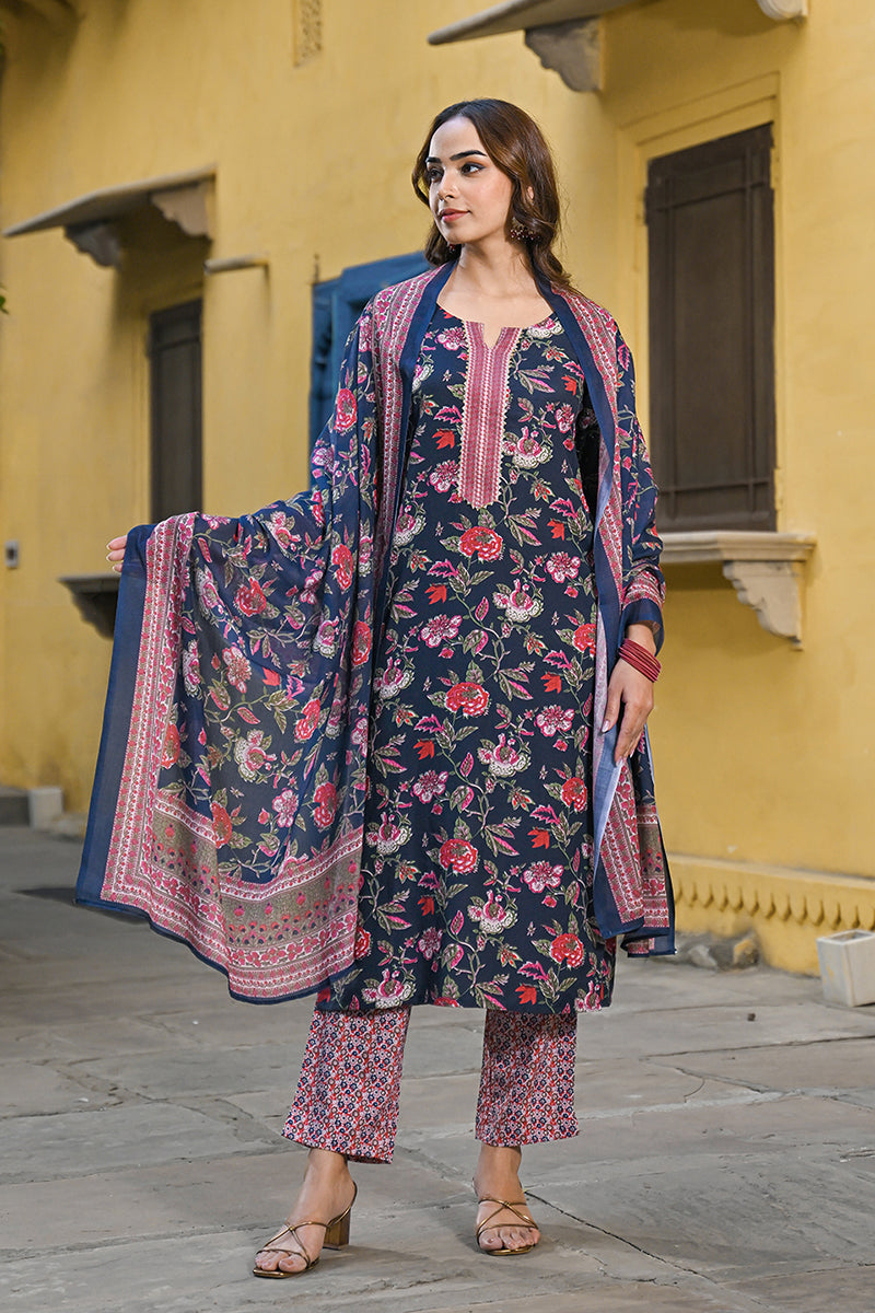 Navy Blue Rayon Blend Floral Printed Straight Trouser Suit Set VKSKD2255