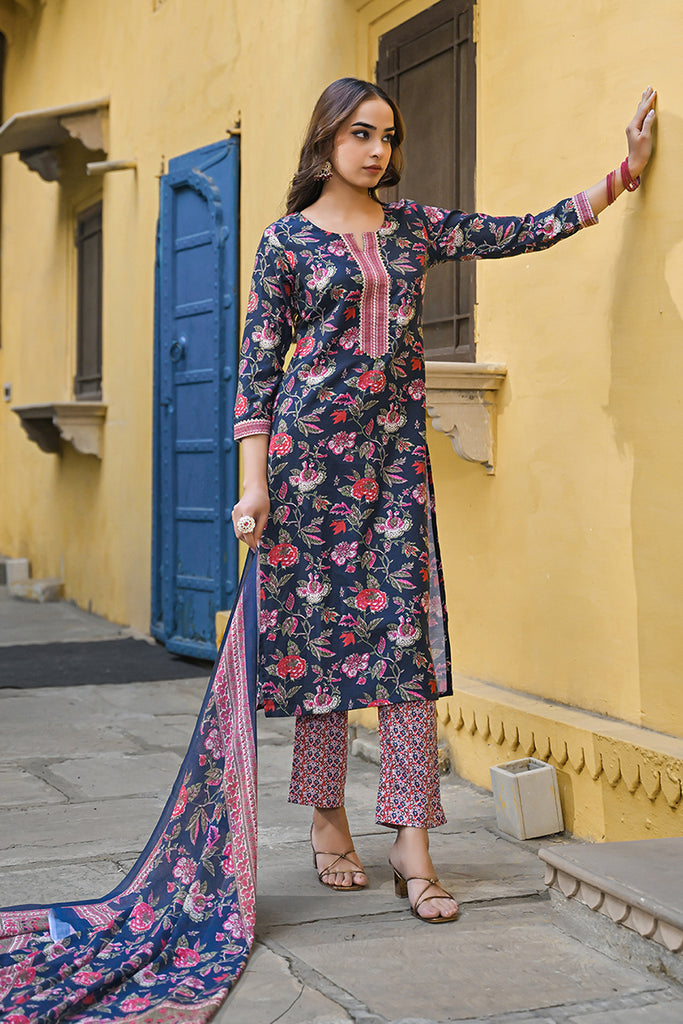 Navy Blue Rayon Blend Floral Printed Straight Trouser Suit Set VKSKD2255