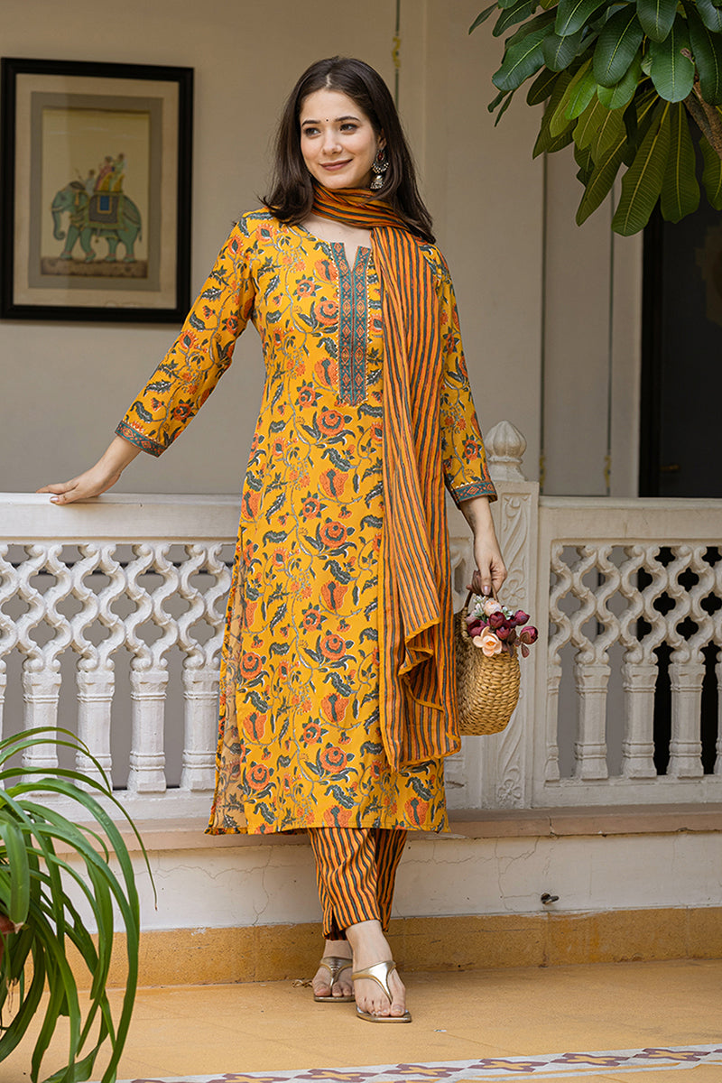 Yellow Rayon Blend Floral Printed Straight Trouser Suit Set VKSKD2256