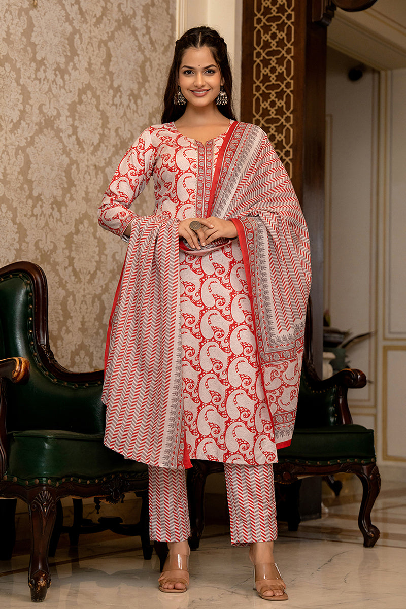 Red Rayon Blend Paisley Printed Straight Suit Set With Trouser Bottom VKSKD2263