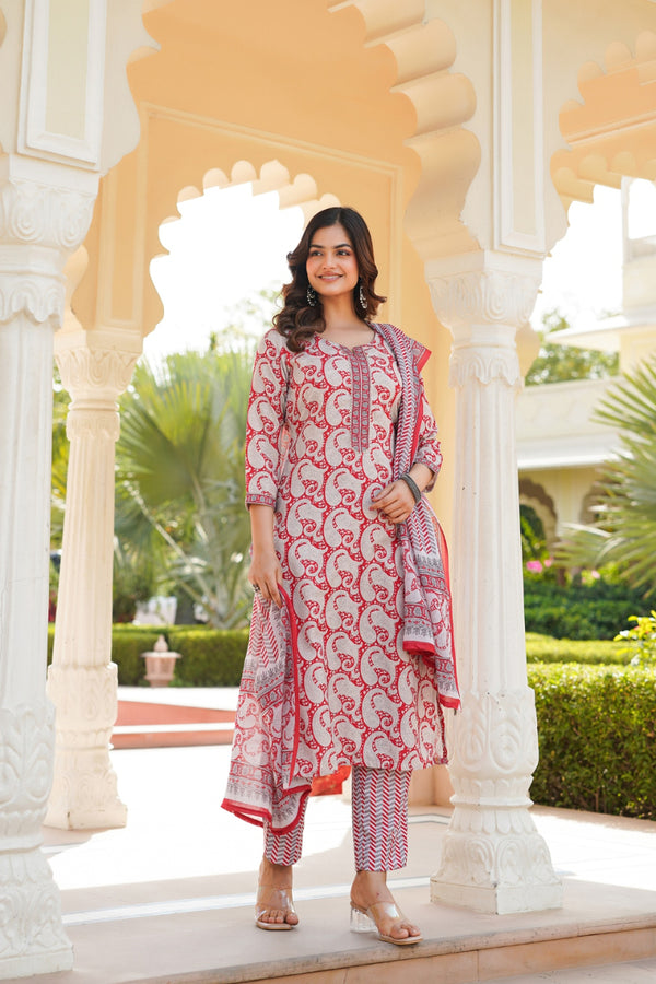 Red Rayon Blend Paisley Printed Straight Suit Set With Trouser Bottom VKSKD2263