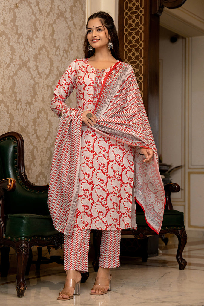 Red Rayon Blend Paisley Printed Straight Suit Set With Trouser Bottom VKSKD2263