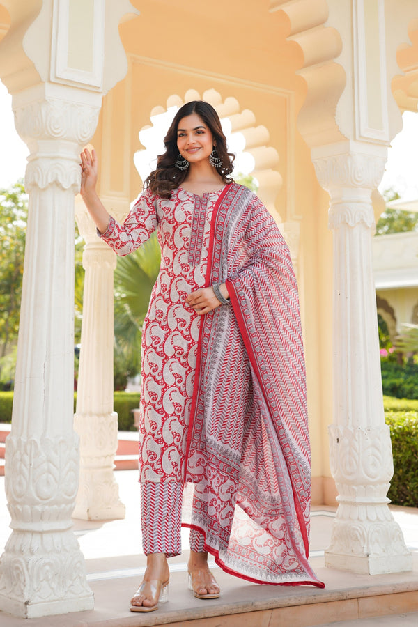 Red Rayon Blend Paisley Printed Straight Suit Set With Trouser Bottom VKSKD2263