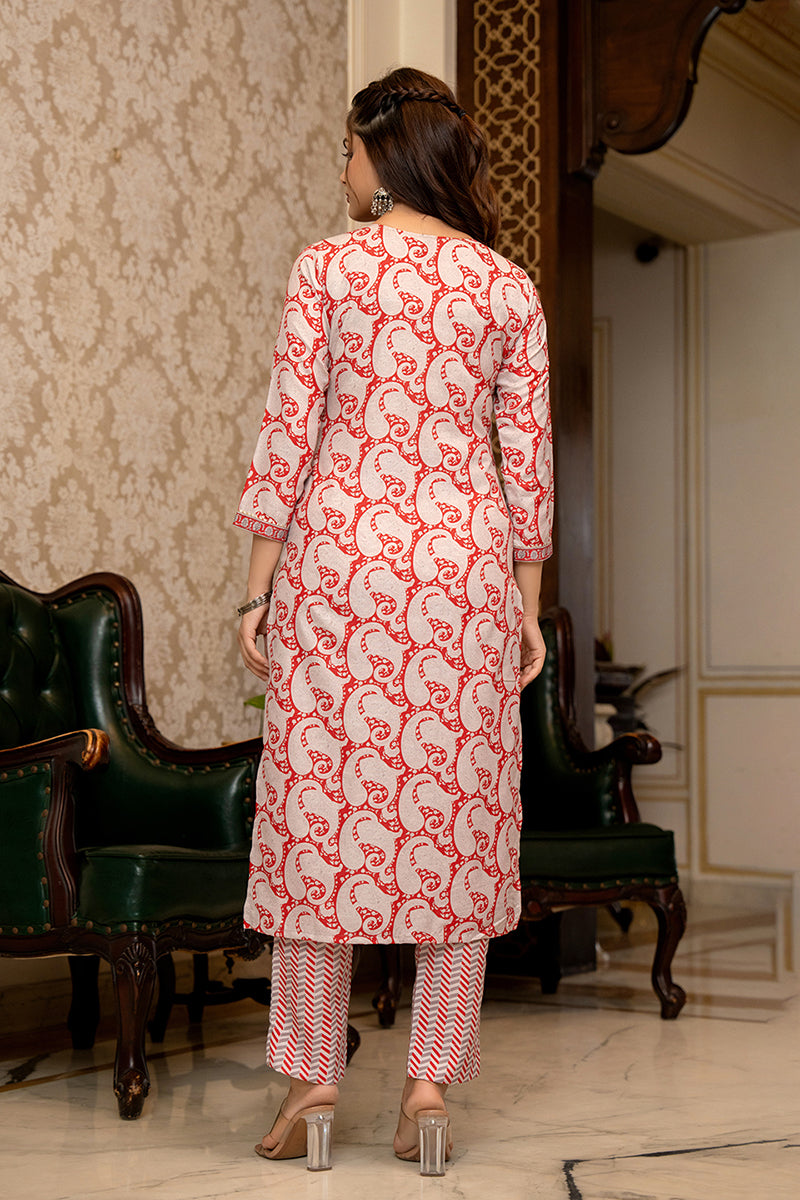 Red Rayon Blend Paisley Printed Straight Suit Set With Trouser Bottom VKSKD2263