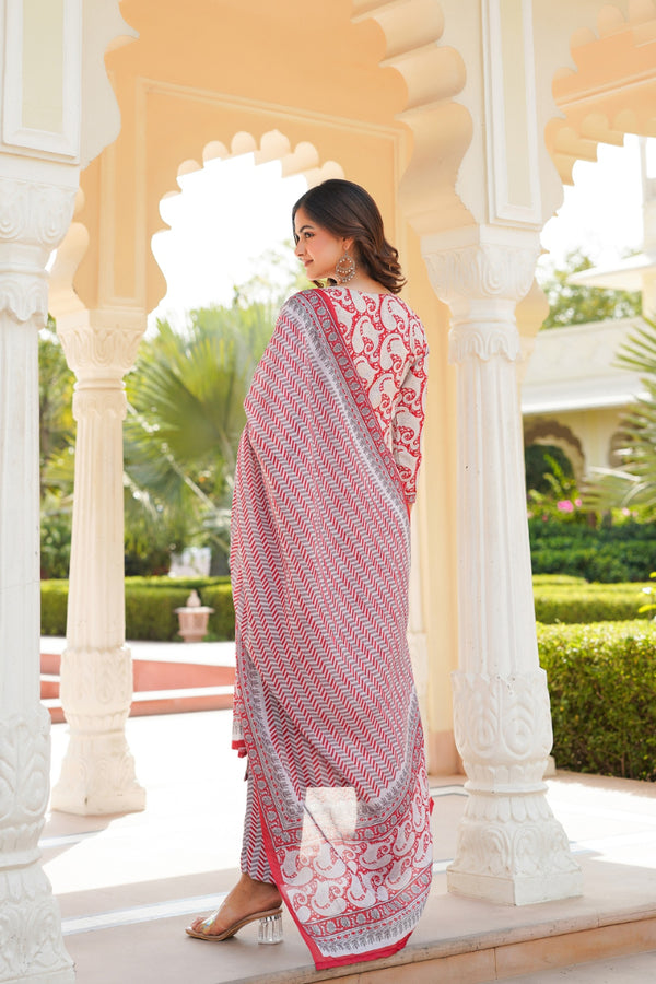 Red Rayon Blend Paisley Printed Straight Suit Set With Trouser Bottom VKSKD2263