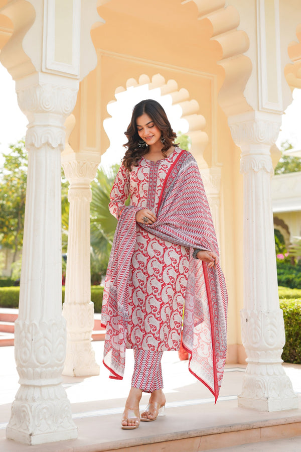 Red Rayon Blend Paisley Printed Straight Suit Set With Trouser Bottom VKSKD2263