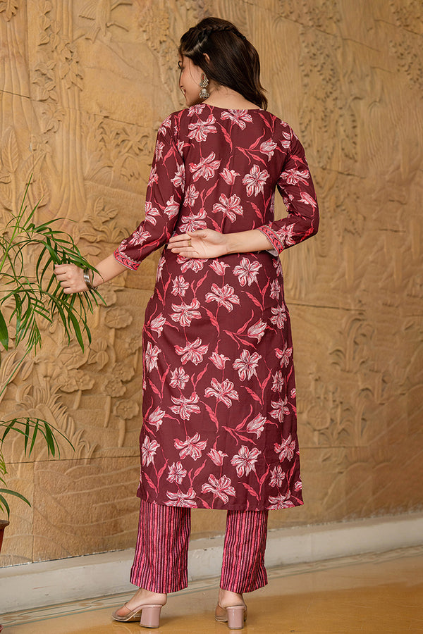 Maroon Rayon Blend Floral Printed Straight Trouser Suit Set VKSKD2266