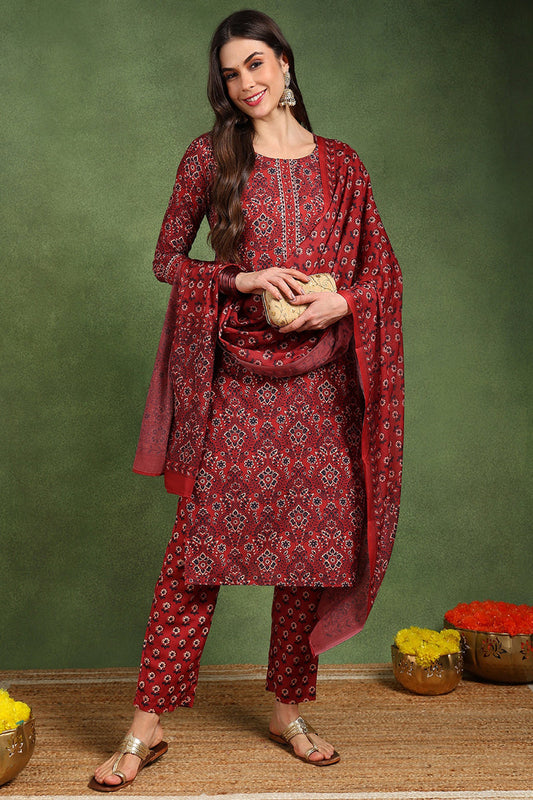 Red Cotton Blend Floral Printed Straight Suit Set With Trouser Style Bottom VKSKD2270