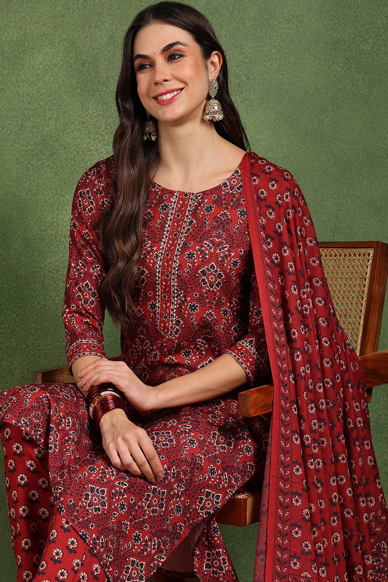 Red Cotton Blend Floral Printed Straight Suit Set With Trouser Style Bottom VKSKD2270