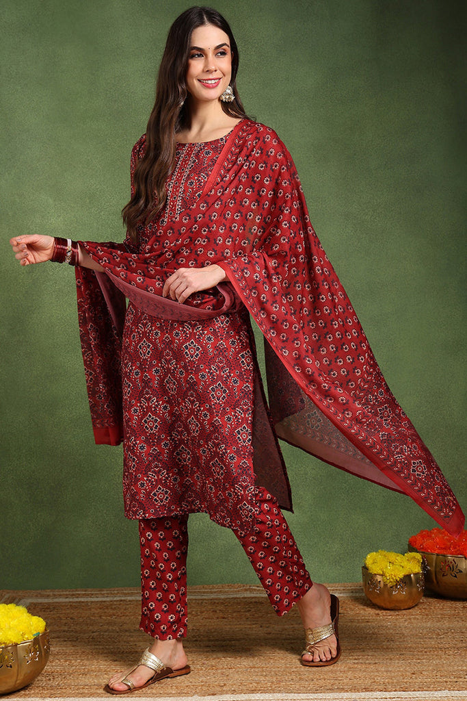 Red Cotton Blend Floral Printed Straight Suit Set With Trouser Style Bottom VKSKD2270