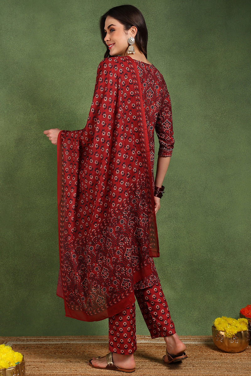 Red Cotton Blend Floral Printed Straight Suit Set With Trouser Style Bottom VKSKD2270