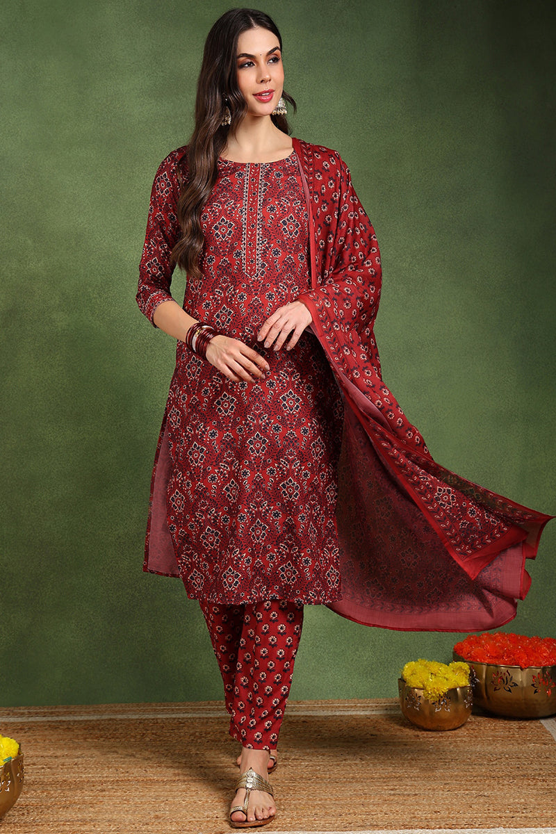 Red Cotton Blend Floral Printed Straight Suit Set With Trouser Style Bottom VKSKD2270