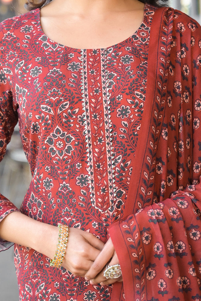 Red Cotton Blend Floral Printed Straight Suit Set With Trouser Style Bottom VKSKD2270
