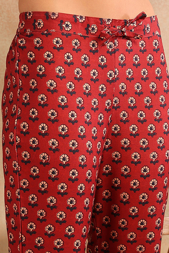 Red Rayon Blend Floral Printed A-Line Trouser Bottom Suit Set VKSKD2273