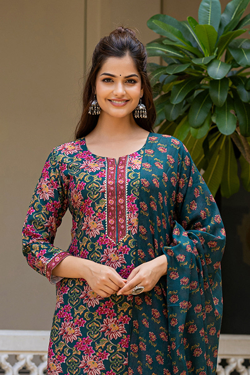 Green Rayon Blend Floral Printed Straight Suit Set With Trouser Bottom SETVKSKD2283 (M To 3XL Set)