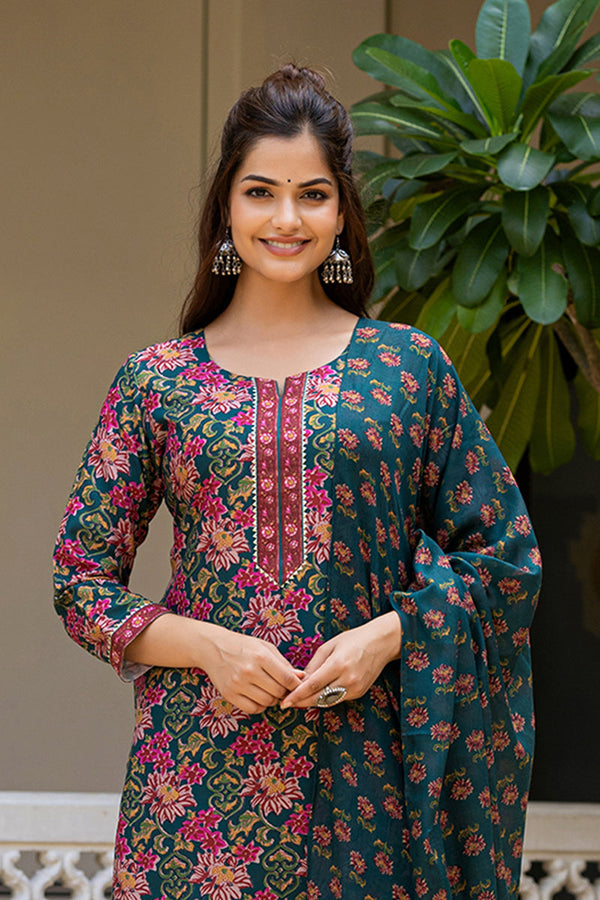Green Rayon Blend Floral Printed Straight Suit Set With Trouser Bottom SETVKSKD2283 (M To 3XL Set)