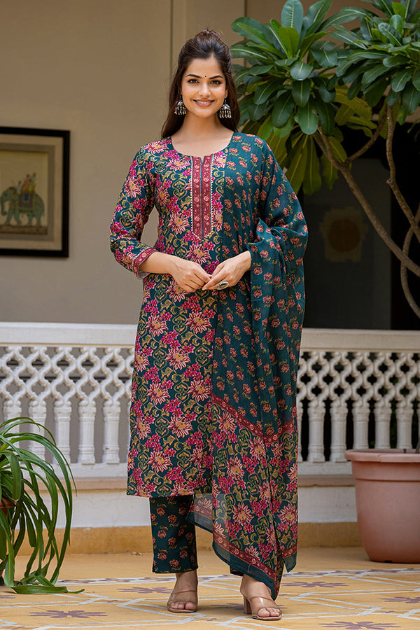 Green Rayon Blend Floral Printed Straight Suit Set With Trouser Bottom SETVKSKD2283 (M To 3XL Set)