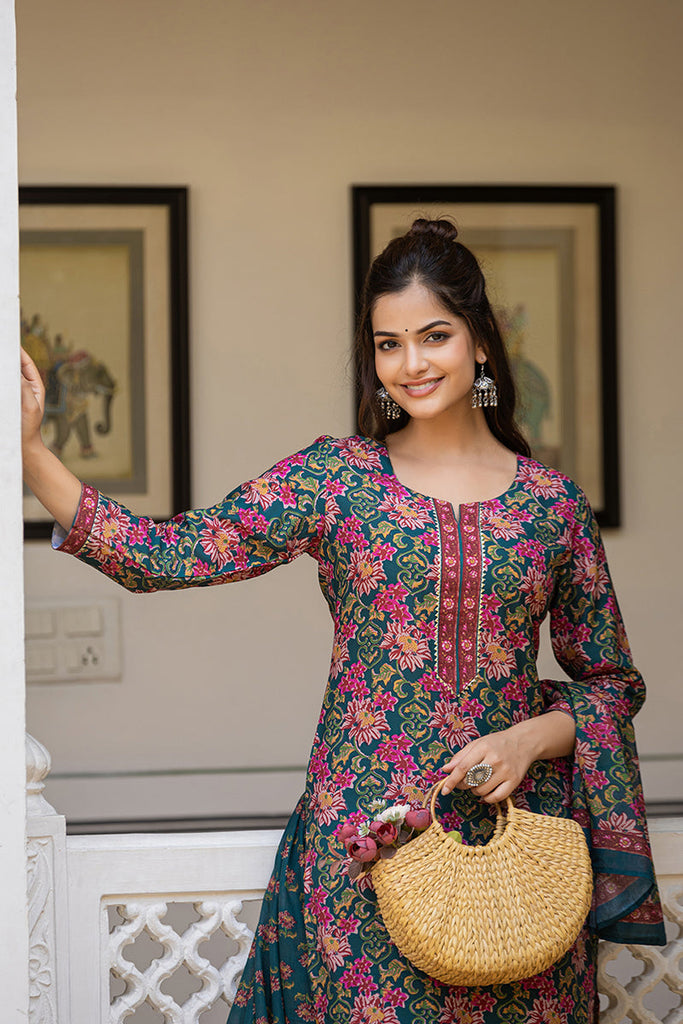 Green Rayon Blend Floral Printed Straight Suit Set With Trouser Bottom SETVKSKD2283 (M To 3XL Set)