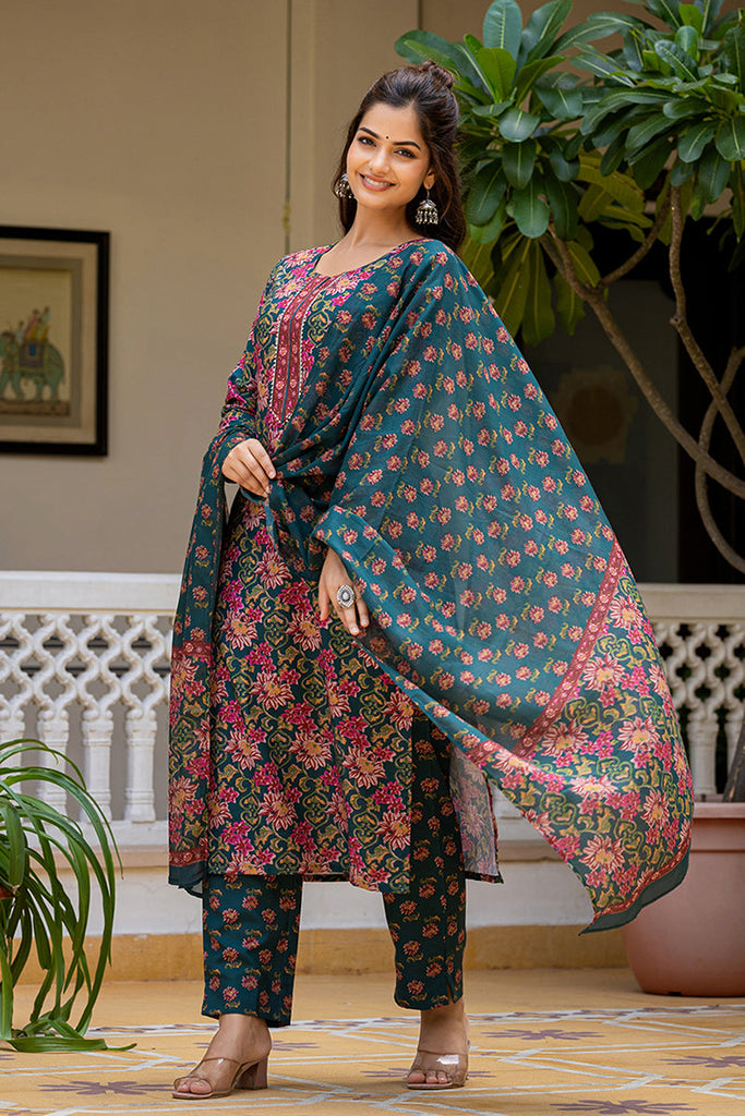 Green Rayon Blend Floral Printed Straight Suit Set With Trouser Bottom SETVKSKD2283 (M To 3XL Set)