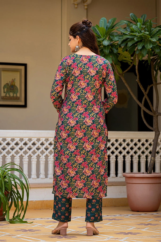 Green Rayon Blend Floral Printed Straight Suit Set With Trouser Bottom SETVKSKD2283 (M To 3XL Set)