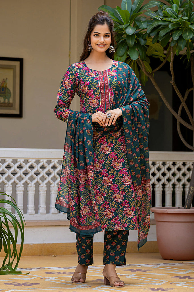 Green Rayon Blend Floral Printed Straight Suit Set With Trouser Bottom SETVKSKD2283 (M To 3XL Set)