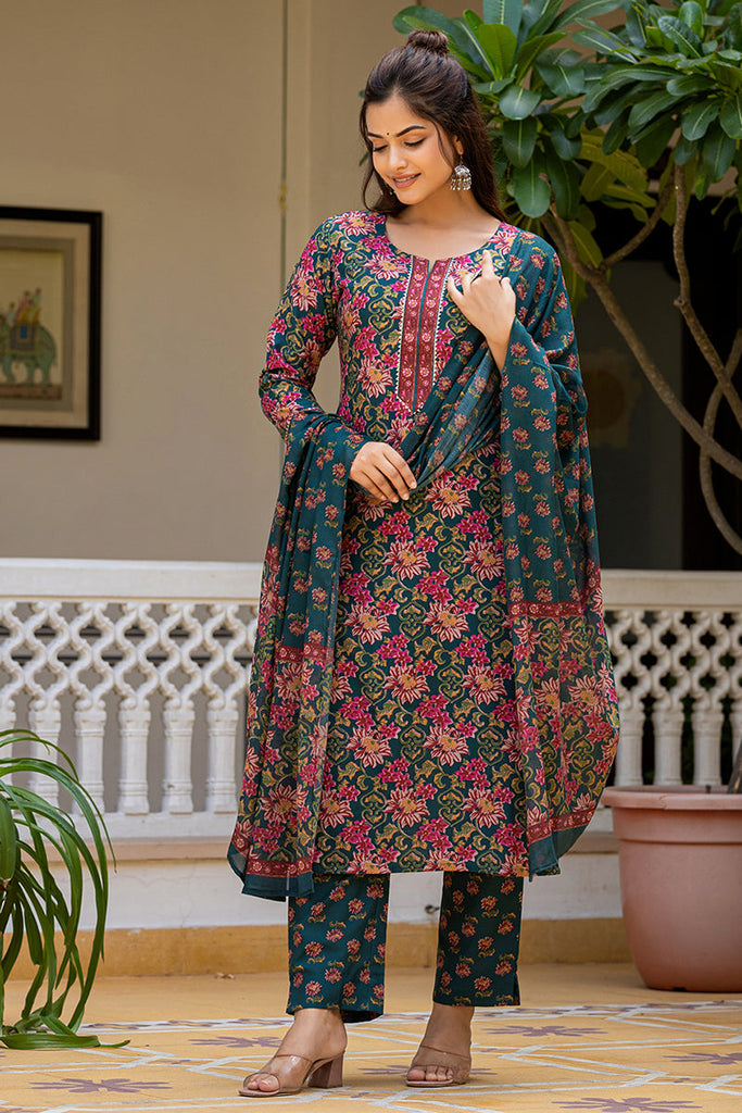 Green Rayon Blend Floral Printed Straight Suit Set With Trouser Bottom SETVKSKD2283 (M To 3XL Set)