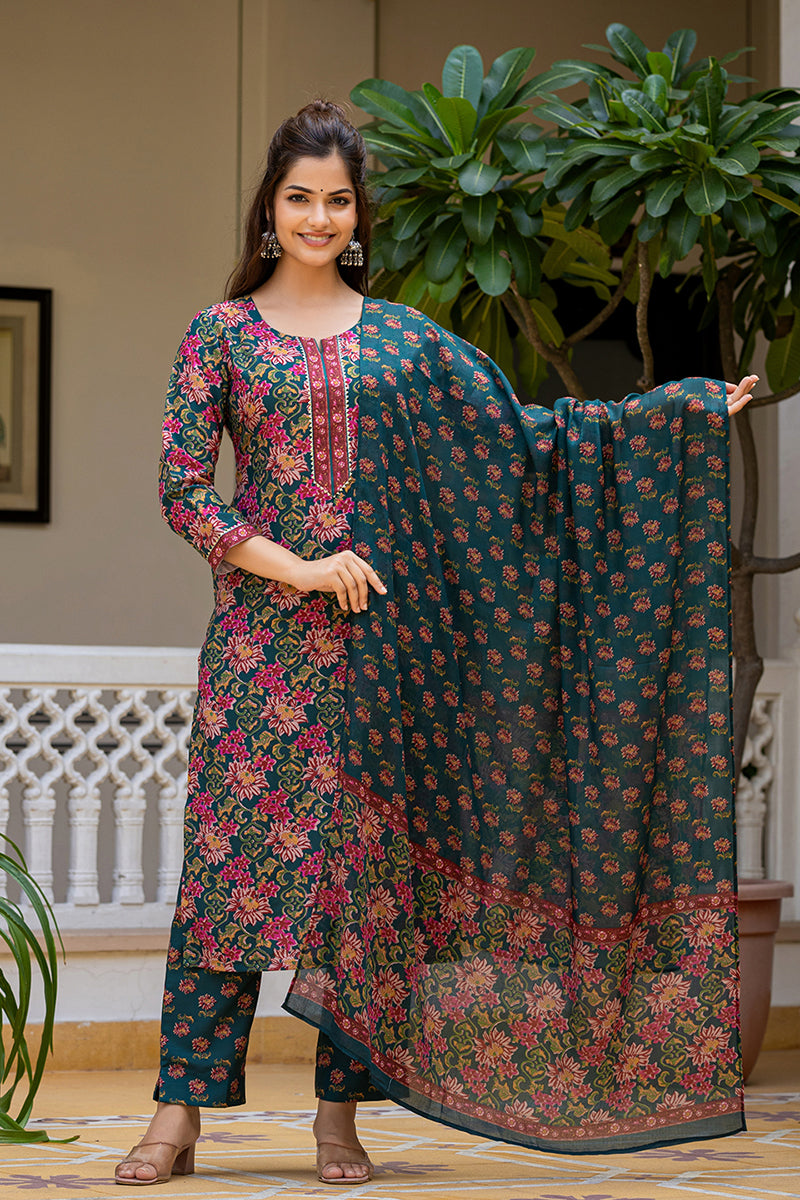 Green Rayon Blend Floral Printed Straight Suit Set With Trouser Bottom SETVKSKD2283 (M To 3XL Set)