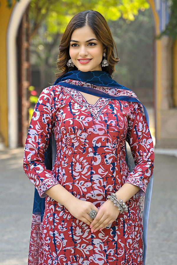 Maroon Rayon Blend Ethnic Motifs Printed Straight Suit Set VKSKD2285