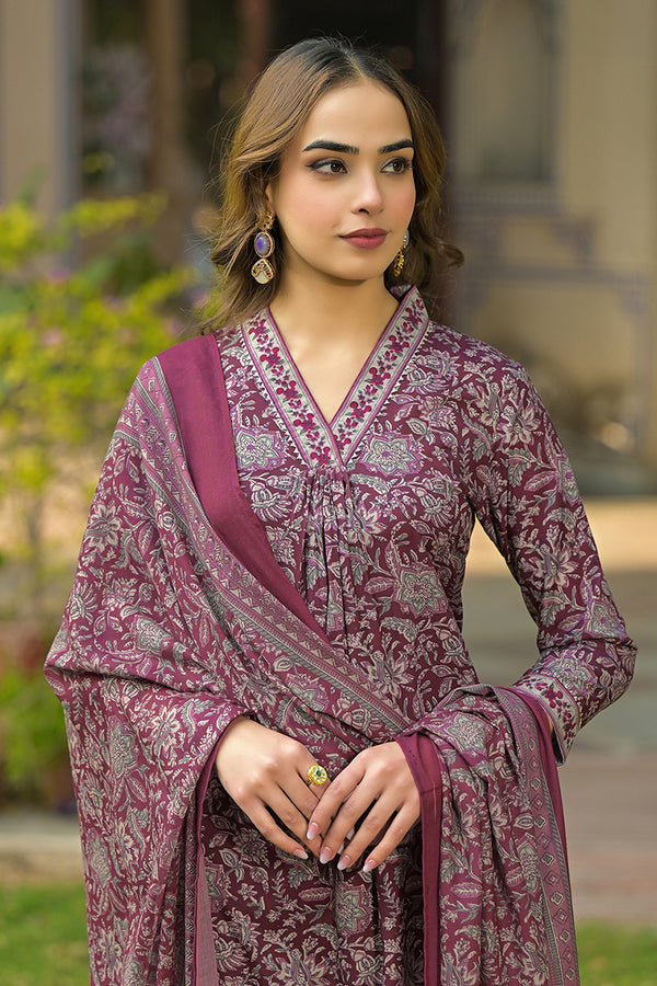 Burgundy Rayon Blend Floral Printed Straight Suit Set VKSKD2293