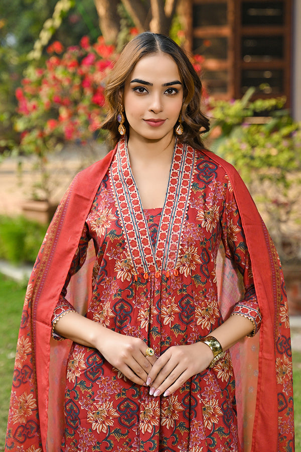 Red Rayon Blend Floral Printed Straight Suit Set VKSKD2300