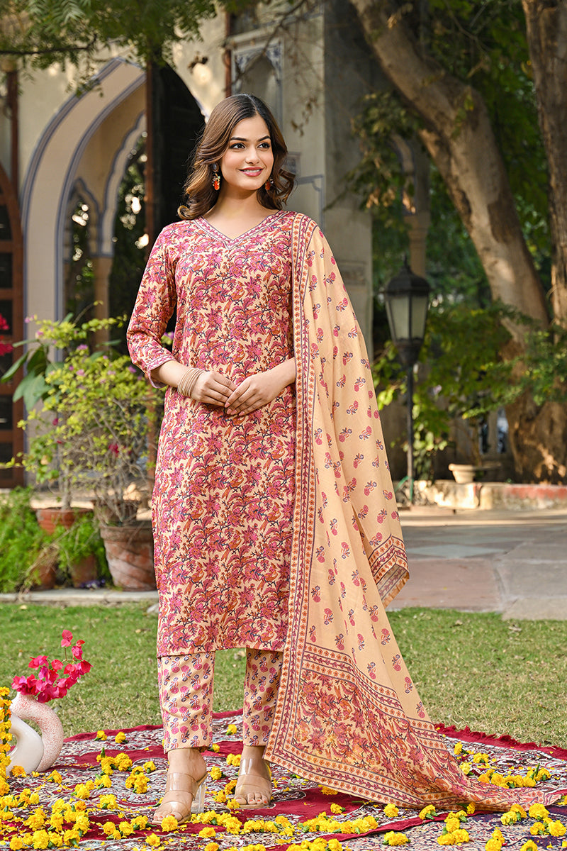 Cream Rayon Blend Floral Printed Straight Kurta Suit Set VKSKD2322
