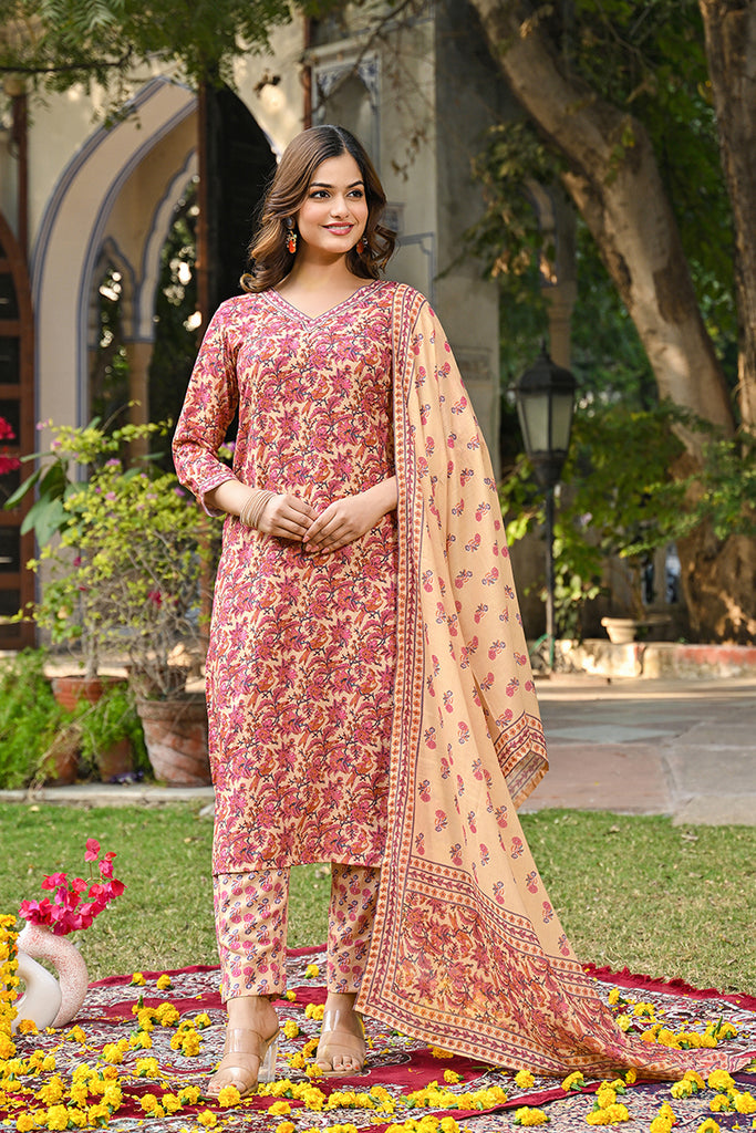 Pink Rayon Blend Floral Printed Straight Kurta Suit Set VKSKD2304