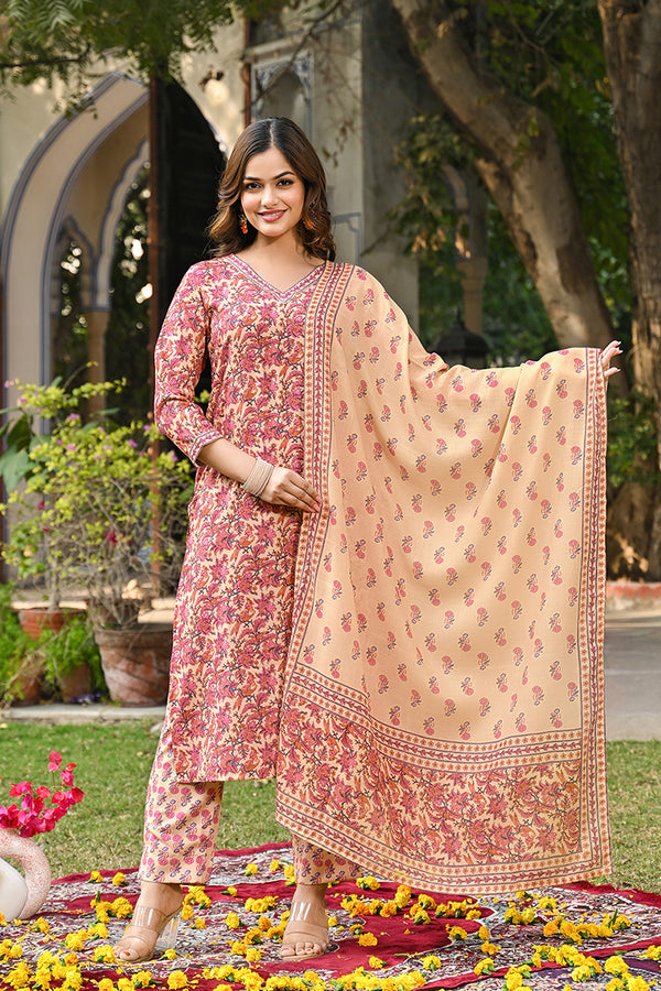 Cream Rayon Blend Floral Printed Straight Kurta Suit Set VKSKD2322