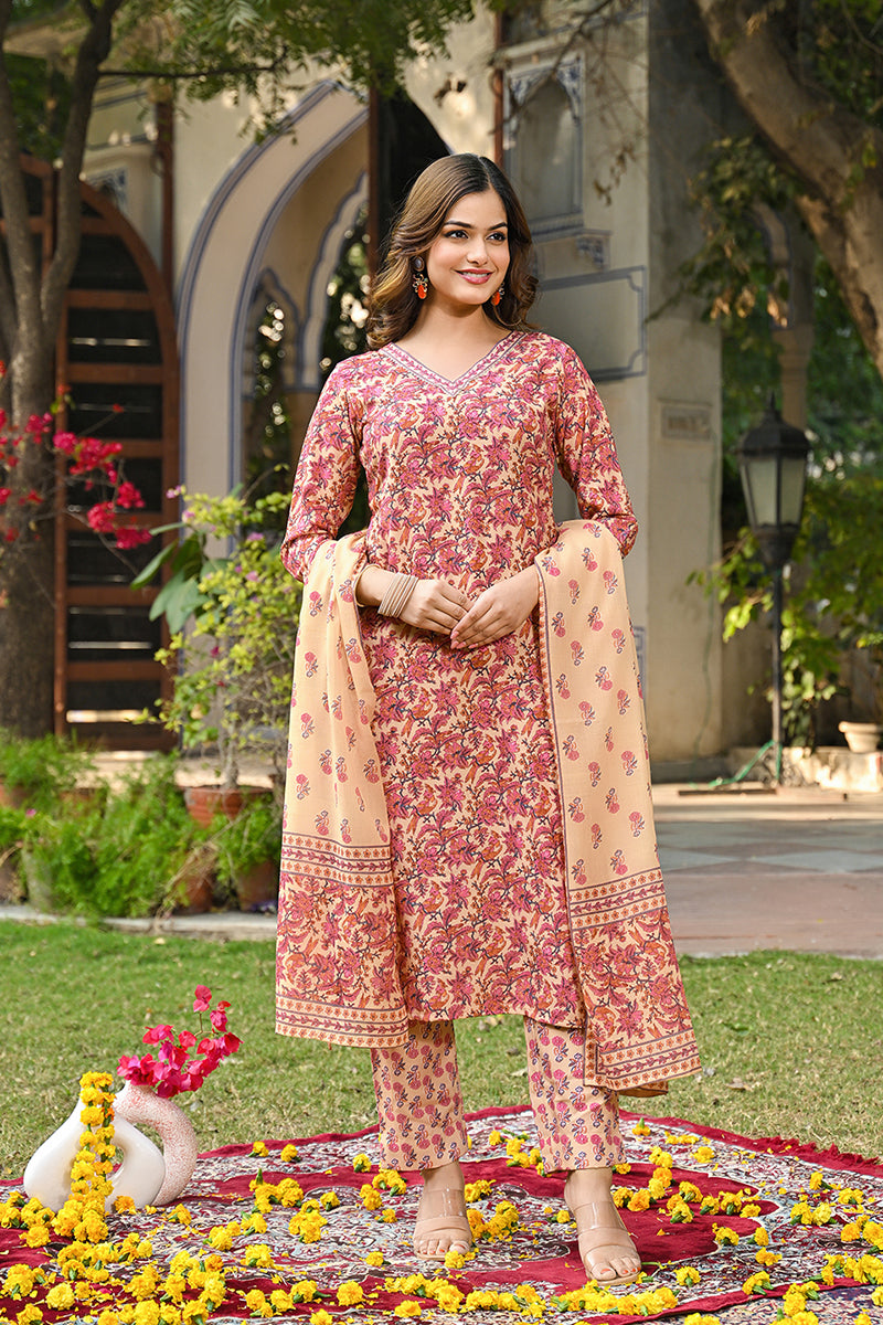 Cream Rayon Blend Floral Printed Straight Kurta Suit Set VKSKD2322