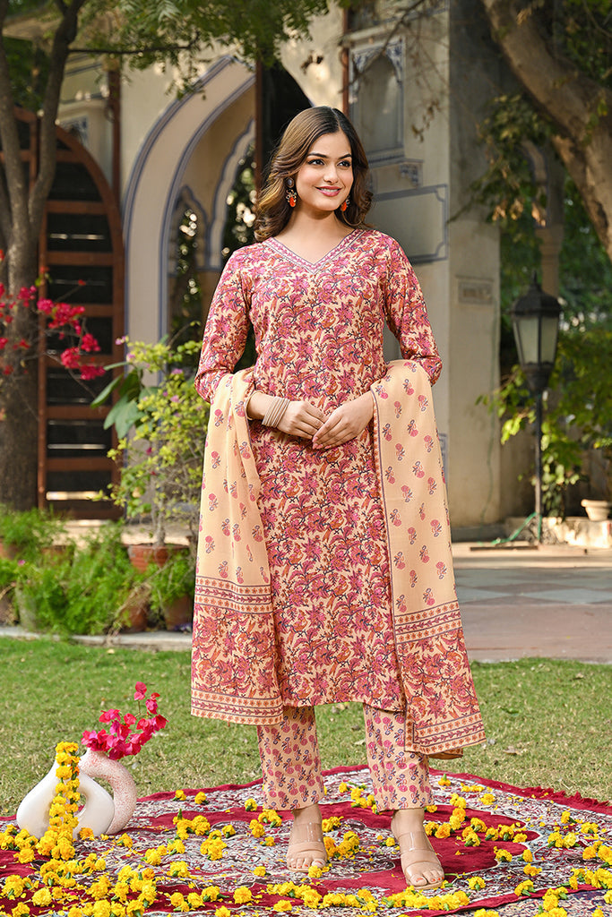Cream Rayon Blend Floral Printed Straight Kurta Suit Set VKSKD2322