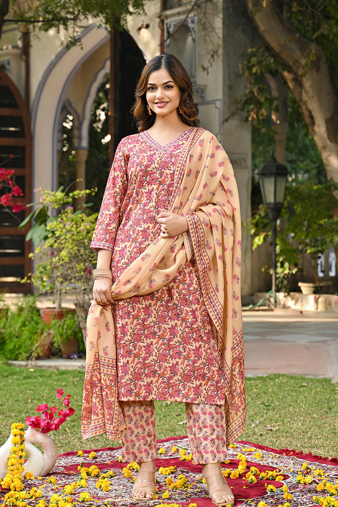 Pink Rayon Blend Floral Printed Straight Kurta Suit Set VKSKD2304