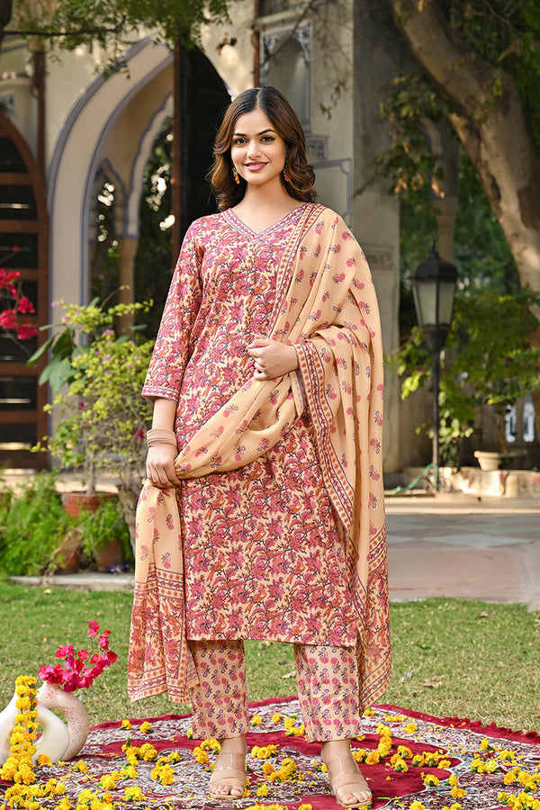 Cream Rayon Blend Floral Printed Straight Kurta Suit Set VKSKD2322